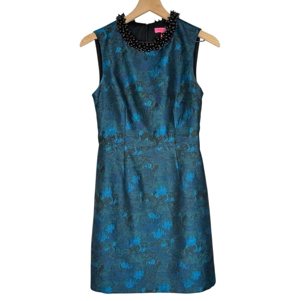 Betsey Johnson Blue Green Jacquard Beaded Collar Dress 4 Resort Wear
